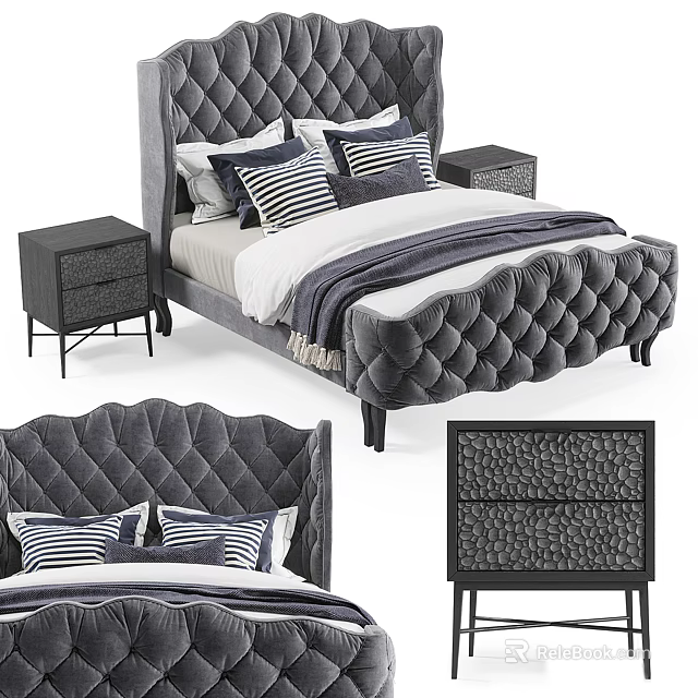 Gray Scalloped Tufted Velvet Double Bed With Upholstered Headboard And Nightstands With Drawers 3d model 