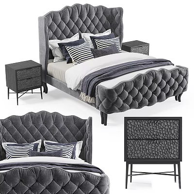 Gray Scalloped Tufted Velvet Double Bed With Upholstered Headboard And Nightstands With Drawers 3d model