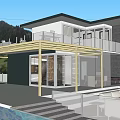 Modern Detached Villa With Wooden Deck White Sofa Green Chairs And Mountain View