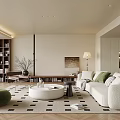 Modern Minimalist Living And Dining Area Interior With White Sofa Green Cushions And Geometric Rug