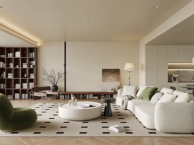 Modern Minimalist Living And Dining Area Interior With White Sofa Green Cushions And Geometric Rug 3d model