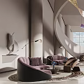 Modern Lounge Area With Curved Structure Sofa Sets Floor To Ceiling Windows And Colorful Decorations 3d model