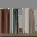 Stylish Clothing Store Display With Orange Green Beige Curtains And Wooden Floor