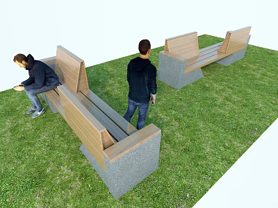 Outdoor Wooden Benches On Grassy Area With People Sitting And Standing 3d model
