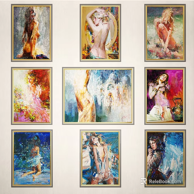 Nine Colorful Framed Wall Art Paintings with Female Figures in Golden Light Frames 3d model 