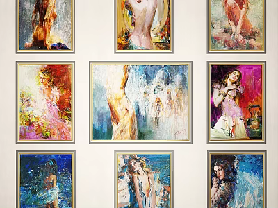 Nine Colorful Framed Wall Art Paintings with Female Figures in Golden Light Frames 3d model