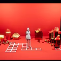 Other Red Background Display Scenes With Miniature Figures Furniture Items And Grid Patterned Floor