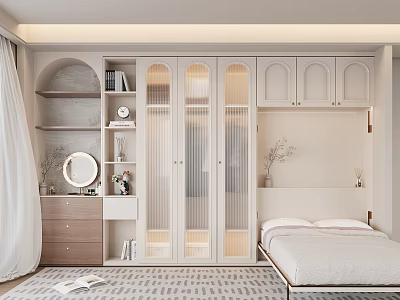 Modern Light Wood Wardrobe With Glass Doors In Bedroom Featuring Bed And Dresser 3d model