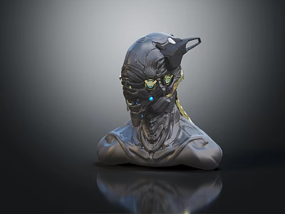 Cybernetic Character Head Sculpture With Biomechanical Creature Features And Glowing Eyes 3d model