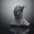 Cybernetic Character Head Sculpture With Biomechanical Creature Features And Glowing Eyes