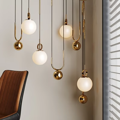 Elegant Modern Hanging Pendant Lights With Golden Metal Frames And White Spherical Shades 3d model