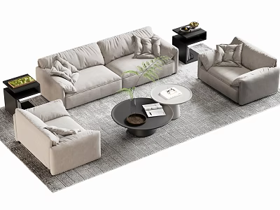 Modern Light Gray Sofa and Coffee Table Set With Round Table Throw Pillows Side Tables 3d model