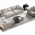Modern Light Gray Sofa and Coffee Table Set With Round Table Throw Pillows Side Tables 3d model