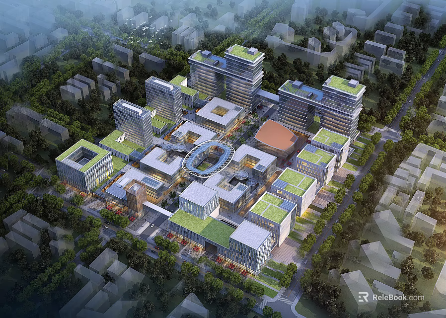 Aerial Planning of Modern Urban Zone with Green Rooftops and Circular Layout 3d model 