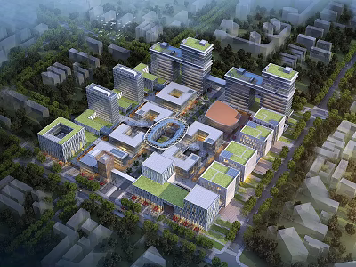 Aerial Planning of Modern Urban Zone with Green Rooftops and Circular Layout 3d model
