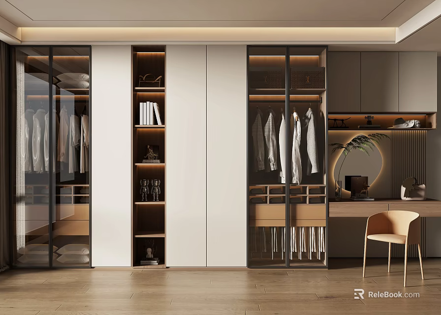Modern Walk-in Closet Interior Design With Glass Door Cabinets Hanging Clothes And Storage Shelves 3d model 
