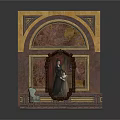 Classic Architectural Wall Decoration with Arched Marble Frame Portrait Painting and Vintage Chair