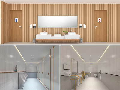Modern Public Restroom Interior With Wooden Walls Large Mirror White Tiles And Washbasins 3d model