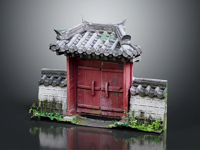 Traditional Chinese Architecture With Red Gate Grey Tile Roof White Brick Wall And Green Plants 3d model
