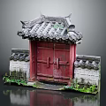 Traditional Chinese Architecture With Red Gate Grey Tile Roof White Brick Wall And Green Plants