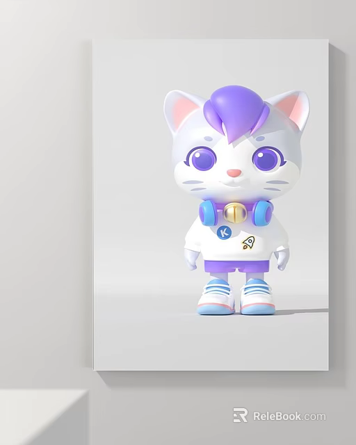 Cute 3D Cartoon Cat Animal Illustration With Purple Hair And Blue Accessories 3d model 