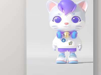 Cute 3D Cartoon Cat Animal Illustration With Purple Hair And Blue Accessories 3d model