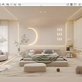 Modern Minimalist Bedroom Interior Design With Cozy Bed Round Lighting Rug And Decorative Plants