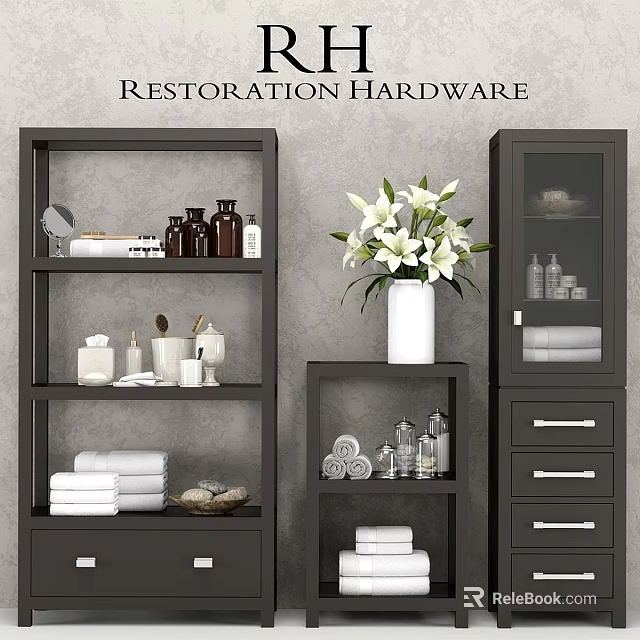 Modern Bathroom Vanity Area With Open Shelves White Flowers Towels And Storage Cabinets 3d model 