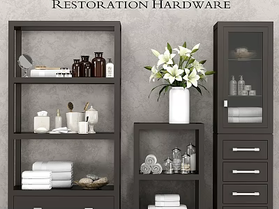 Modern Bathroom Vanity Area With Open Shelves White Flowers Towels And Storage Cabinets 3d model