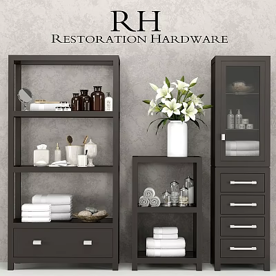 Modern Bathroom Vanity Area With Open Shelves White Flowers Towels And Storage Cabinets 3d model