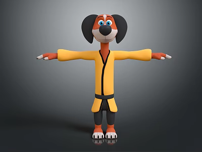 Cartoon Dog Character In Yellow Martial Arts Uniform With Outstretched Arms 3d model