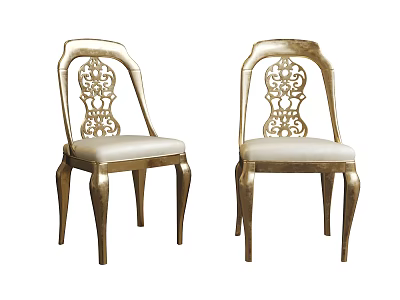 Elegant Gold Dining Chairs with Intricate Carved Backrest and Light Colored Padded Seats 3d model