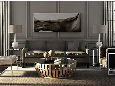 Gray Sofa and Golden Round Coffee Table Combination with White Table Lamps and Wall Painting 3d model