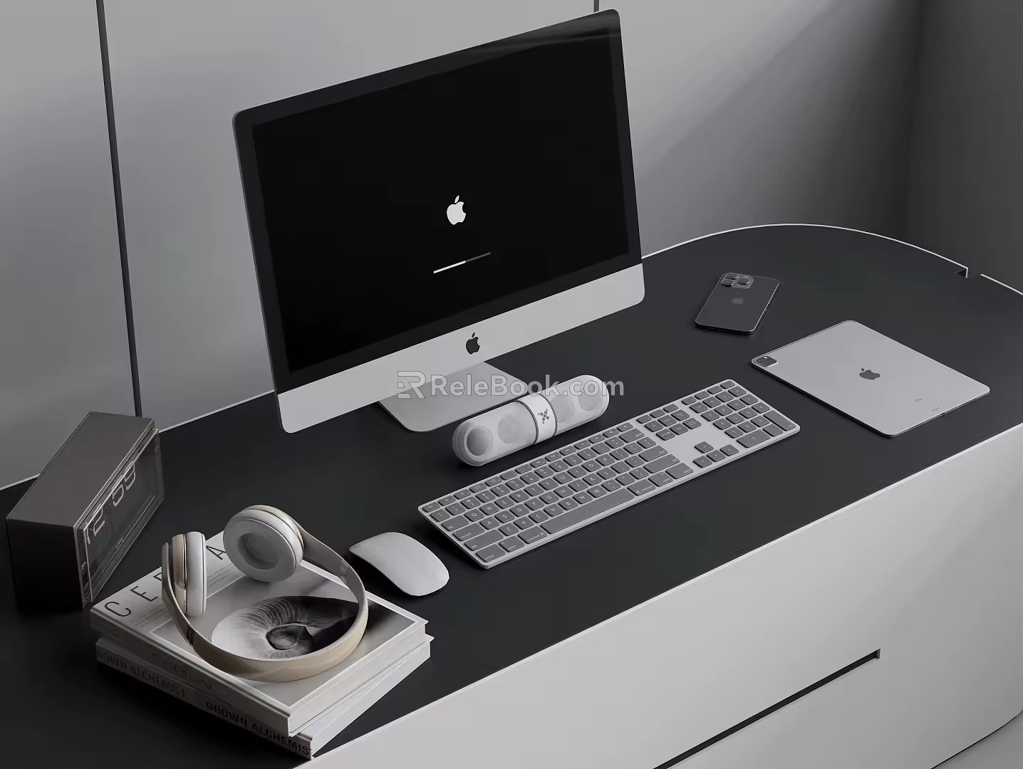 Apple computer all-in-one tablet computer keyboard mouse audio headset mobile phone clock books office supplies 3d model