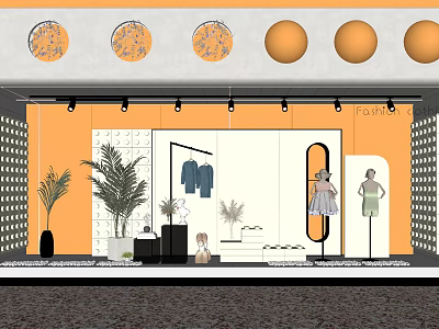 Fashion Shop Window Display With Round Decorations Orange Wall Clothes Mannequins And Plants 3d model