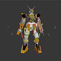Yellow And White Mech Robot Character With Antennas Weapons And Armor Design