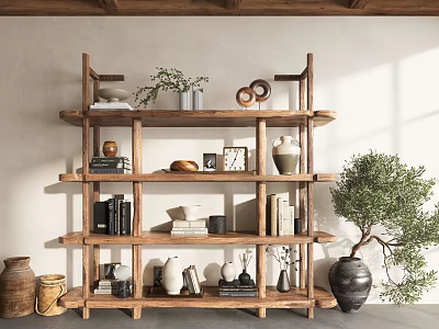 Wooden Multi Tiered Storage Shelf With Books Vases And Plants In Home Interior 3d model