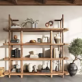 Wooden Multi Tiered Storage Shelf With Books Vases And Plants In Home Interior