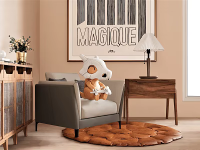 Gray Single Seater Sofa With Plush Toy On Wooden Side Table And Round Rug 3d model