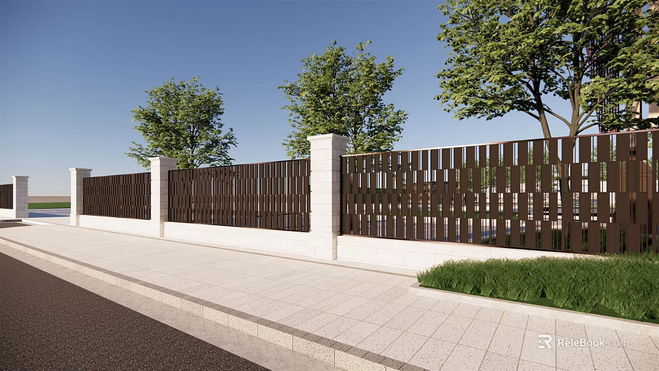 Modern Entrance Gate With Wooden Slat Fence And Green Trees Near Sidewalk 3d model 