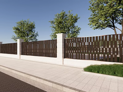 Modern Entrance Gate With Wooden Slat Fence And Green Trees Near Sidewalk 3d model