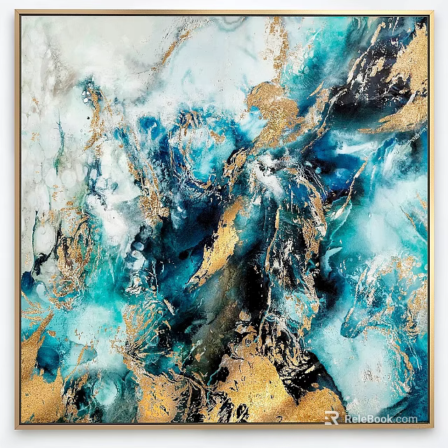 Abstract Blue Gold Fluid Art Frame with Black White Marble Texture Design 3d model 
