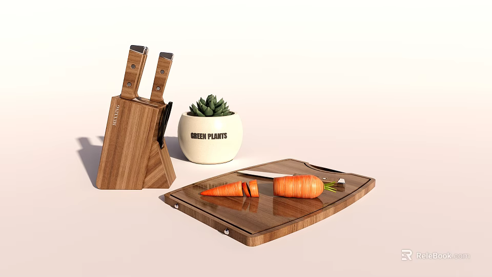 Kitchen Cabinets Featuring Wooden Cutting Board Knives Carrots and Potted Plant 3d model 