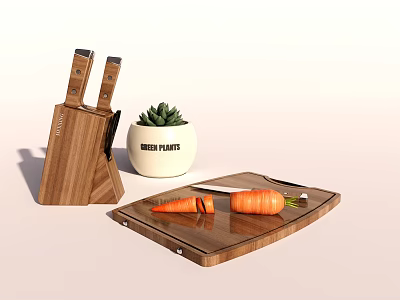 Kitchen Cabinets Featuring Wooden Cutting Board Knives Carrots and Potted Plant 3d model