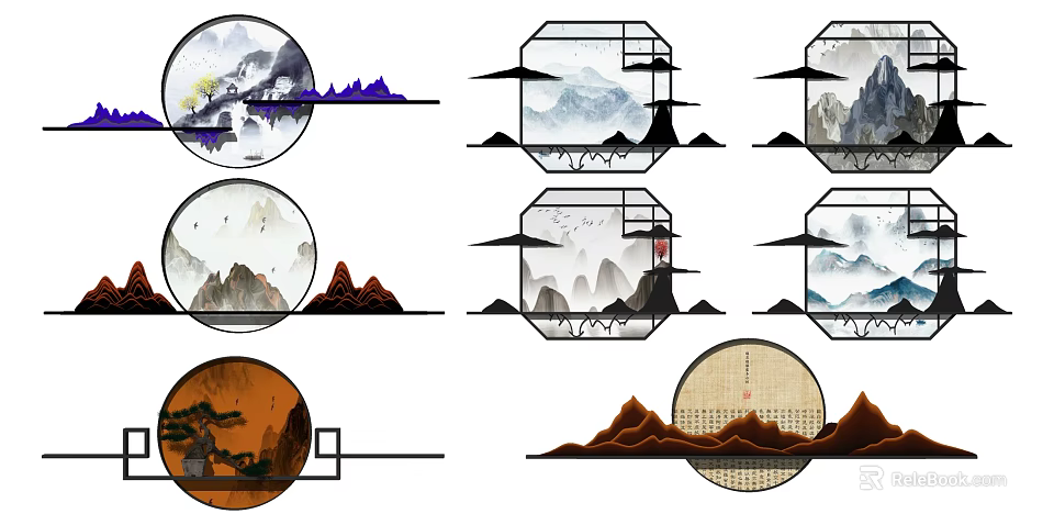 Traditional Chinese Ink Landscape Wall Decor With Circular And Hexagonal Frames 3d model