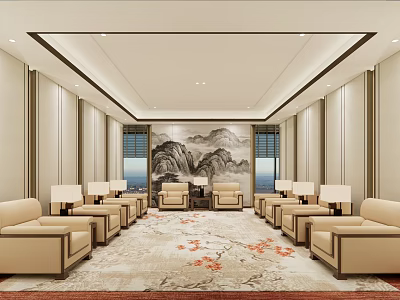 Hotel Public Lounge With Comfortable Sofas Traditional Landscape Painting And Elegant Carpet 3d model