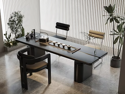 Modern Black Tea Table And Chairs With Tea Set Green Plants And Window Blinds 3d model