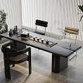 Modern Black Tea Table And Chairs With Tea Set Green Plants And Window Blinds