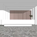 Modern Reception Desk With White Countertop Brown Grid Backdrop Small Plant And Bright Office Space