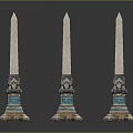 Three Decorative Obelisks With Blue Bases And Reflections On Black Background 3d model